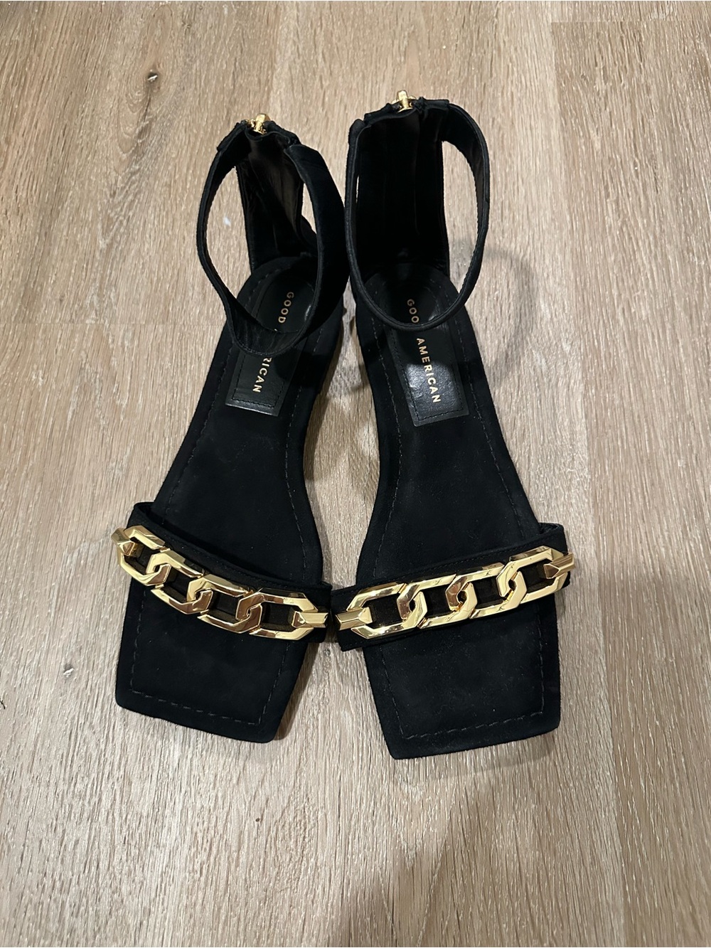 Good American Black Genuine Suede Leather Chain-Trim Ankle Strap Sandals